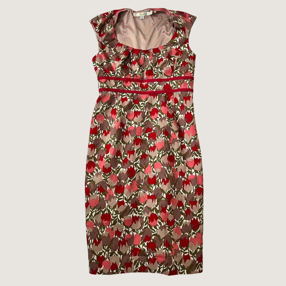 Boden Sheath Dress Pink Brown Floral Tulip Empire Waist Cap Sleeve 2P